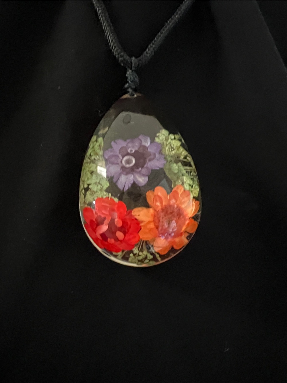 Handcrafted Floral Teardrop Necklace in Red, Orange & Purple